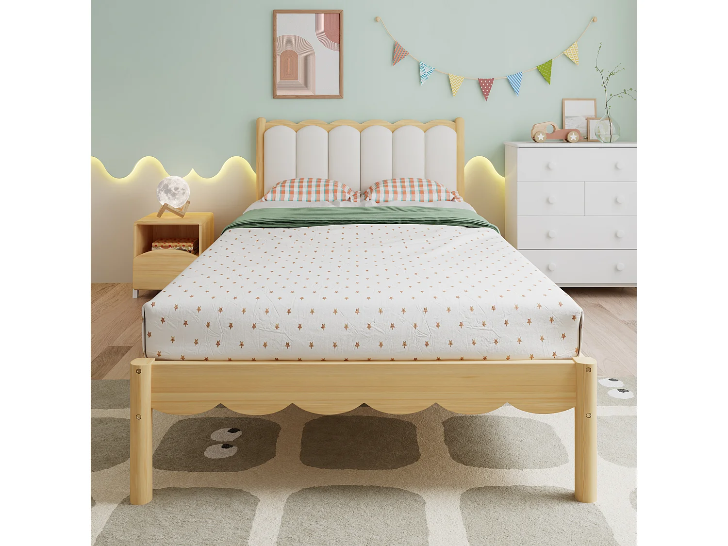 Lit rembourré simple pour enfant 90x200cm - tête de lit rembourrée en PU - avec sommier à lattes - Naturel