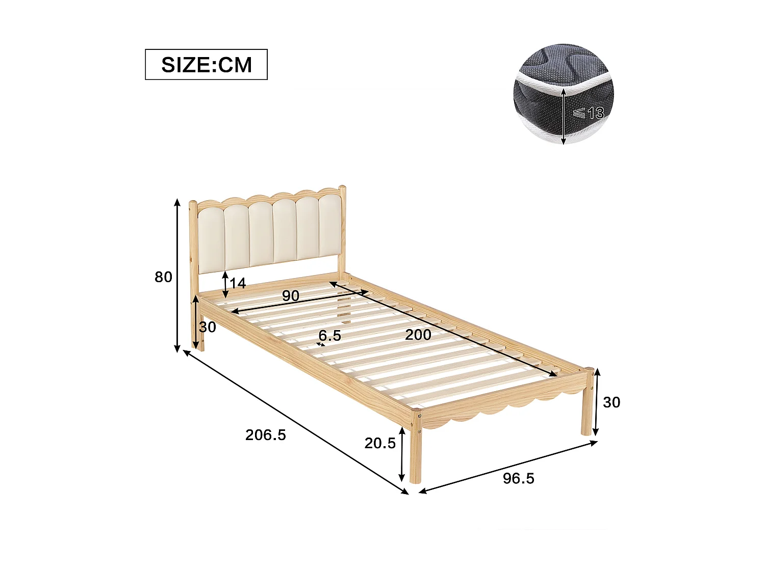 Lit rembourré simple pour enfant 90x200cm - tête de lit rembourrée en PU - avec sommier à lattes - Naturel