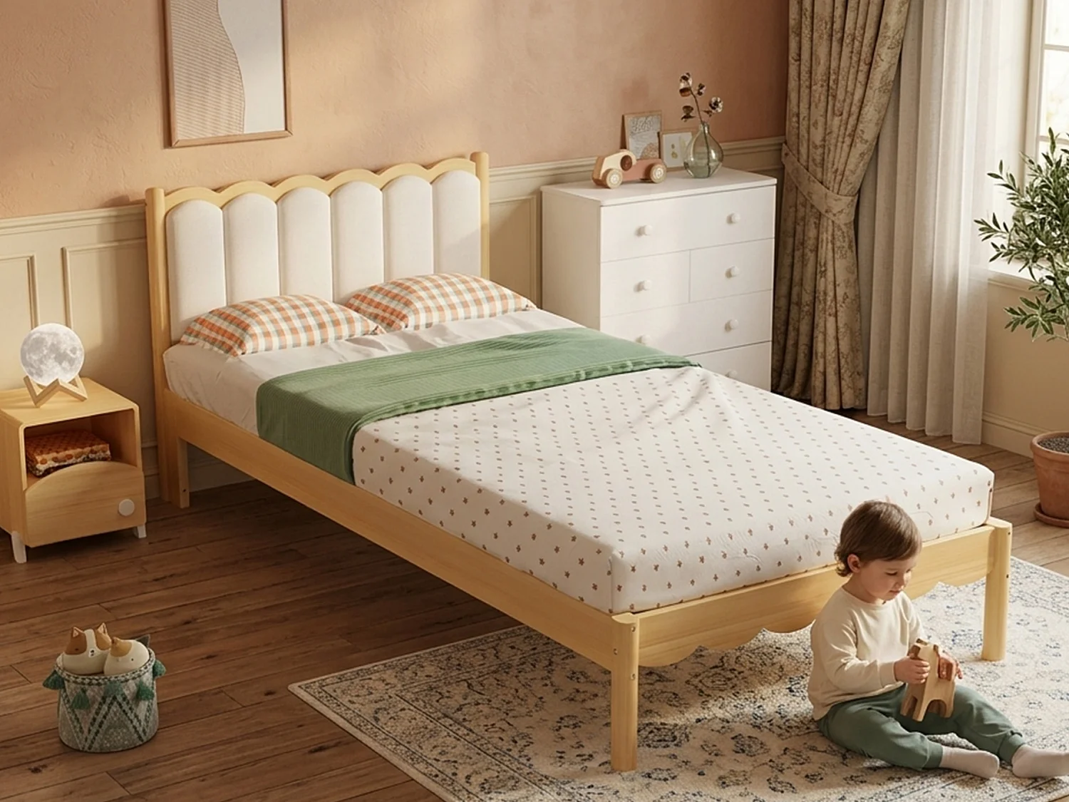 Lit rembourré simple pour enfant 90x200cm - tête de lit rembourrée en PU - avec sommier à lattes - Naturel