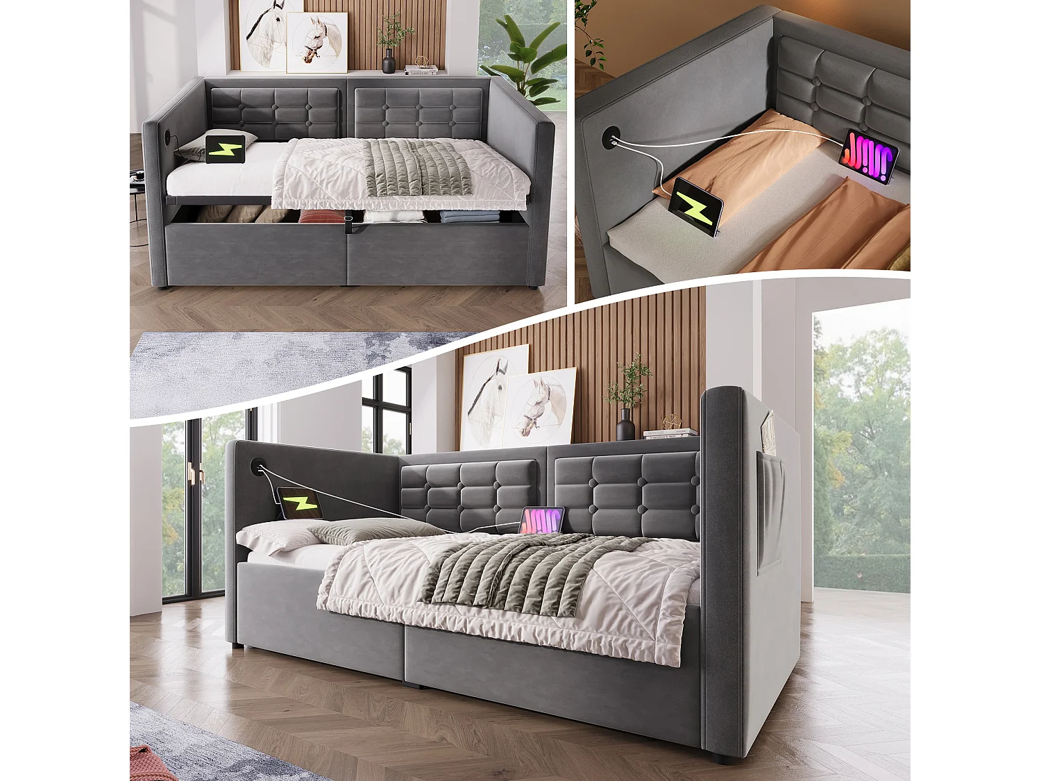Upholstered daybed 90x190 cm - with storage space - with USB and Type-C - velvet - Grey