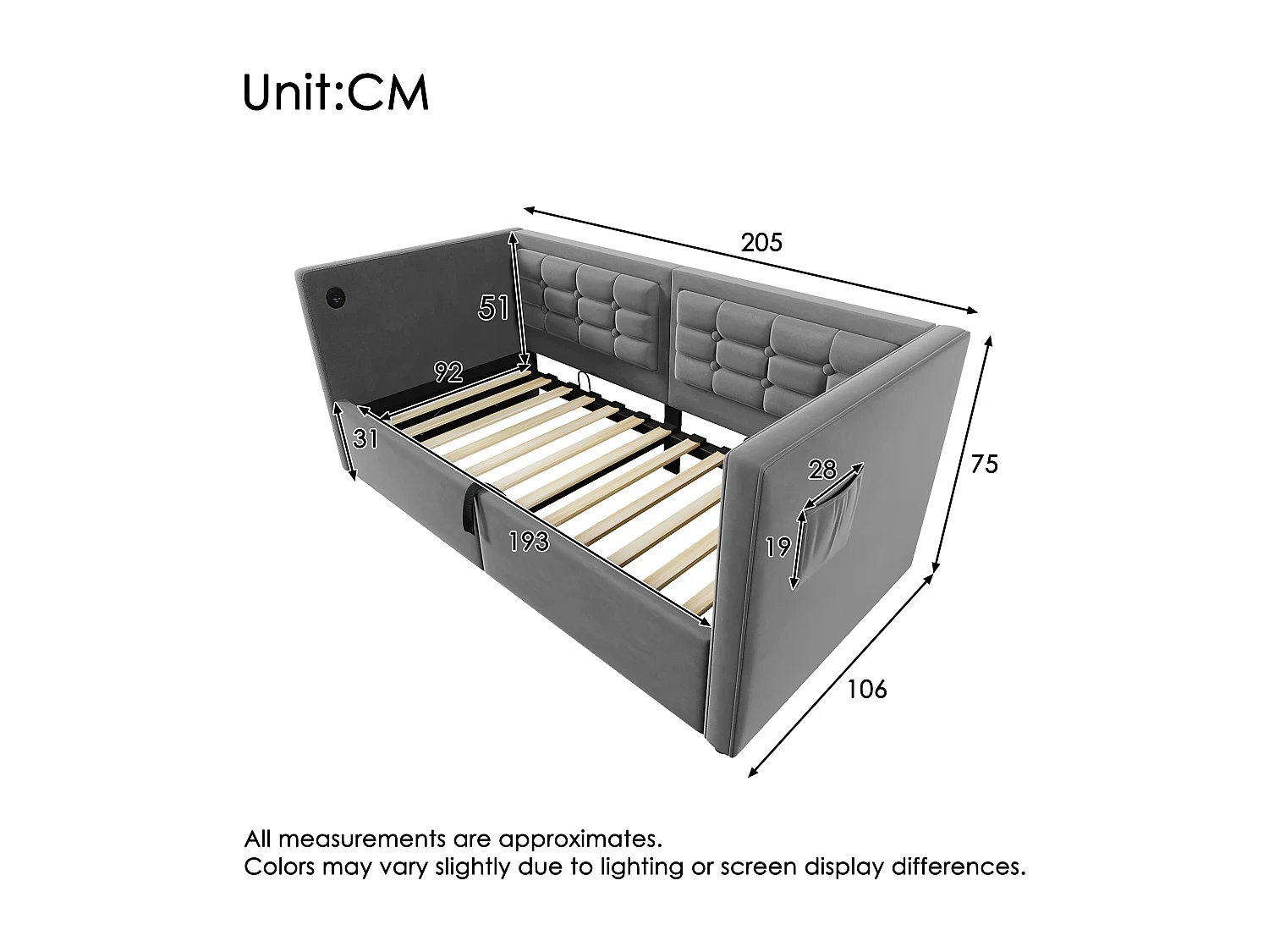 Upholstered daybed 90x190 cm - with storage space - with USB and Type-C - velvet - Grey