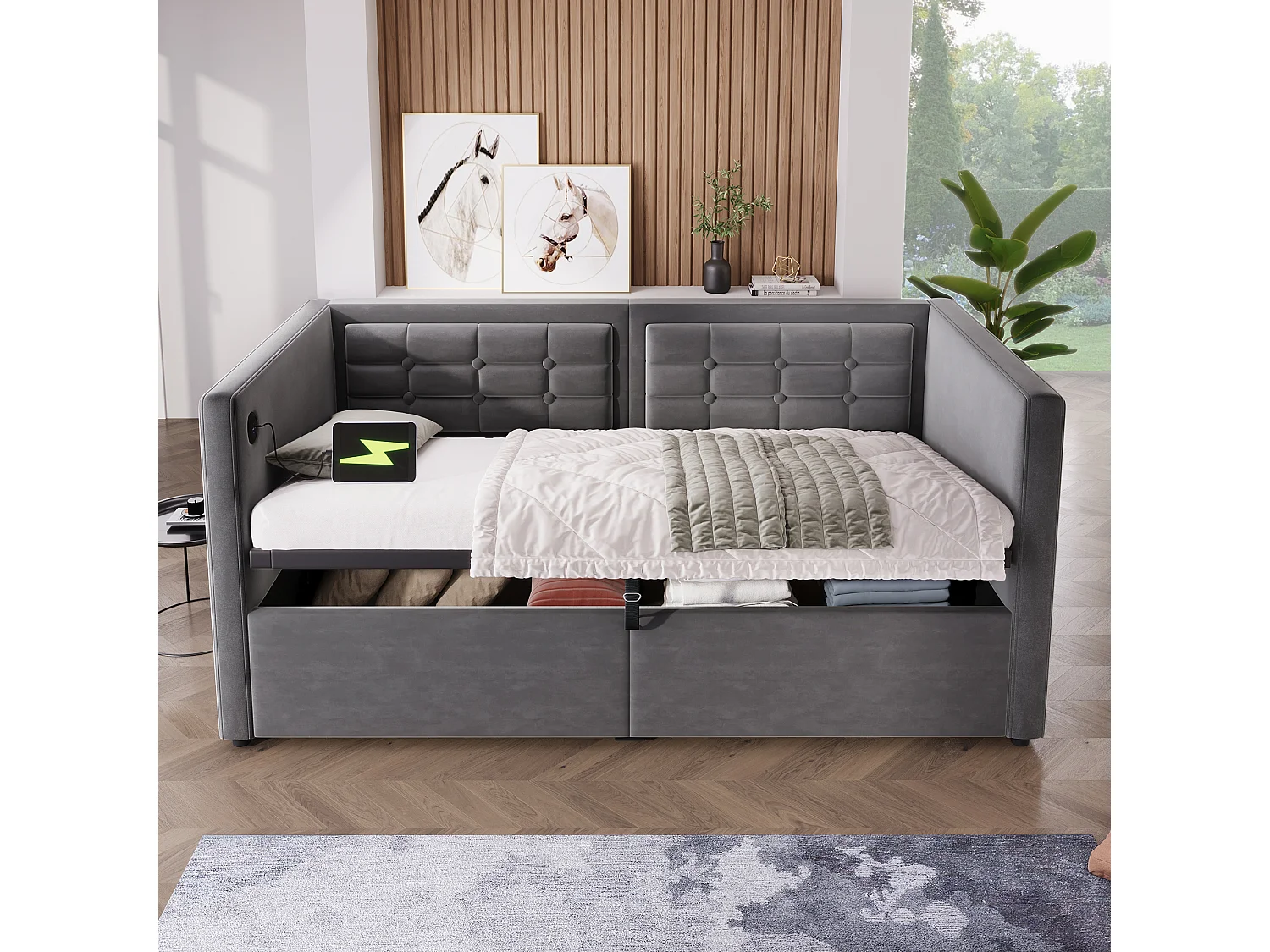 Upholstered daybed 90x190 cm - with storage space - with USB and Type-C - velvet - Grey