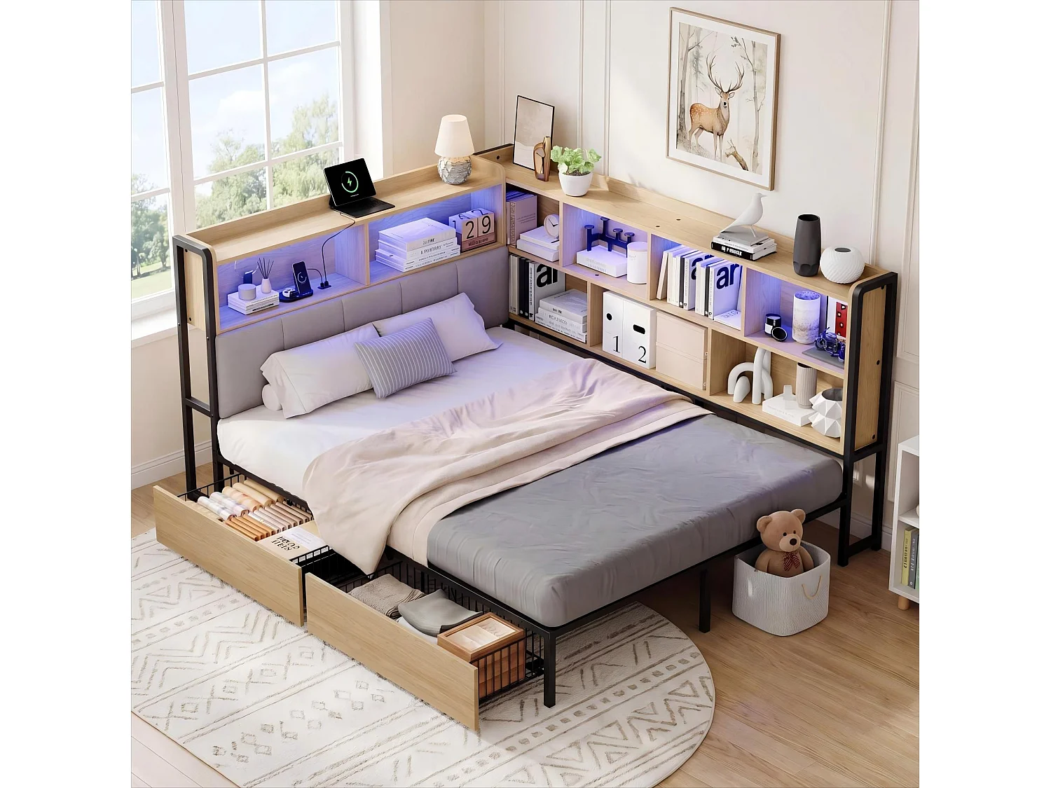 Polsterbett 140x200 cm - Mit LED und USB-Anschluss - 2 Schubladen und Stauraumfächer - MDF - Natur (ohne Matratze)