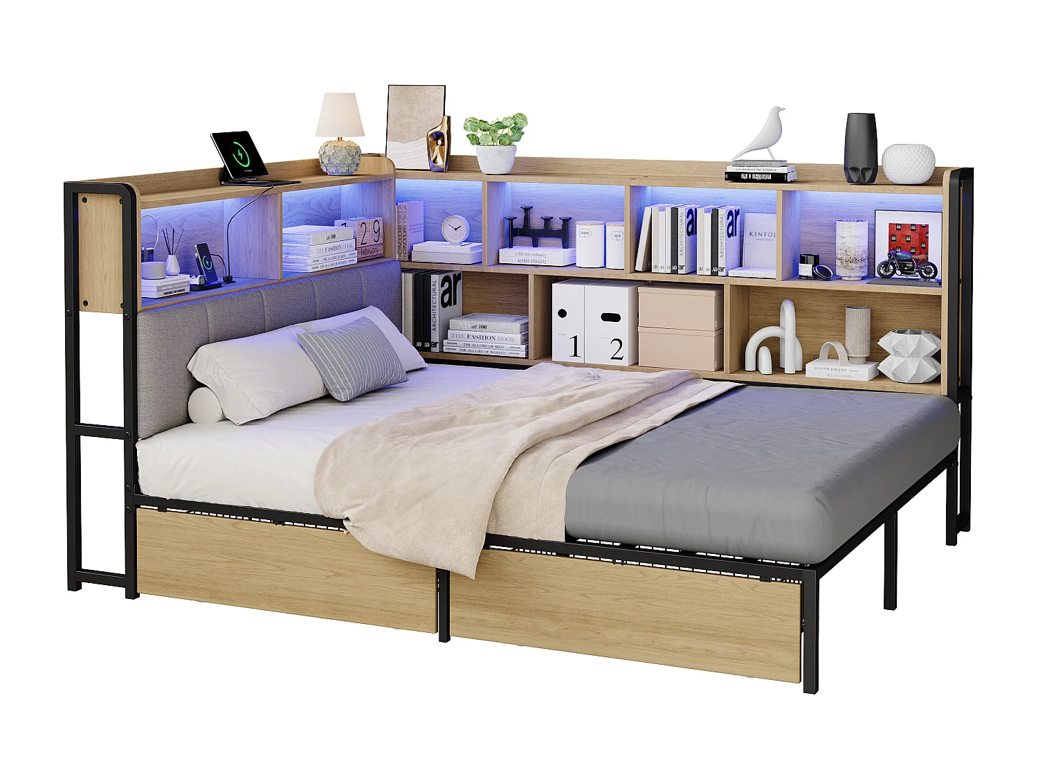 Polsterbett 140x200 cm - Mit LED und USB-Anschluss - 2 Schubladen und Stauraumfächer - MDF - Natur (ohne Matratze)