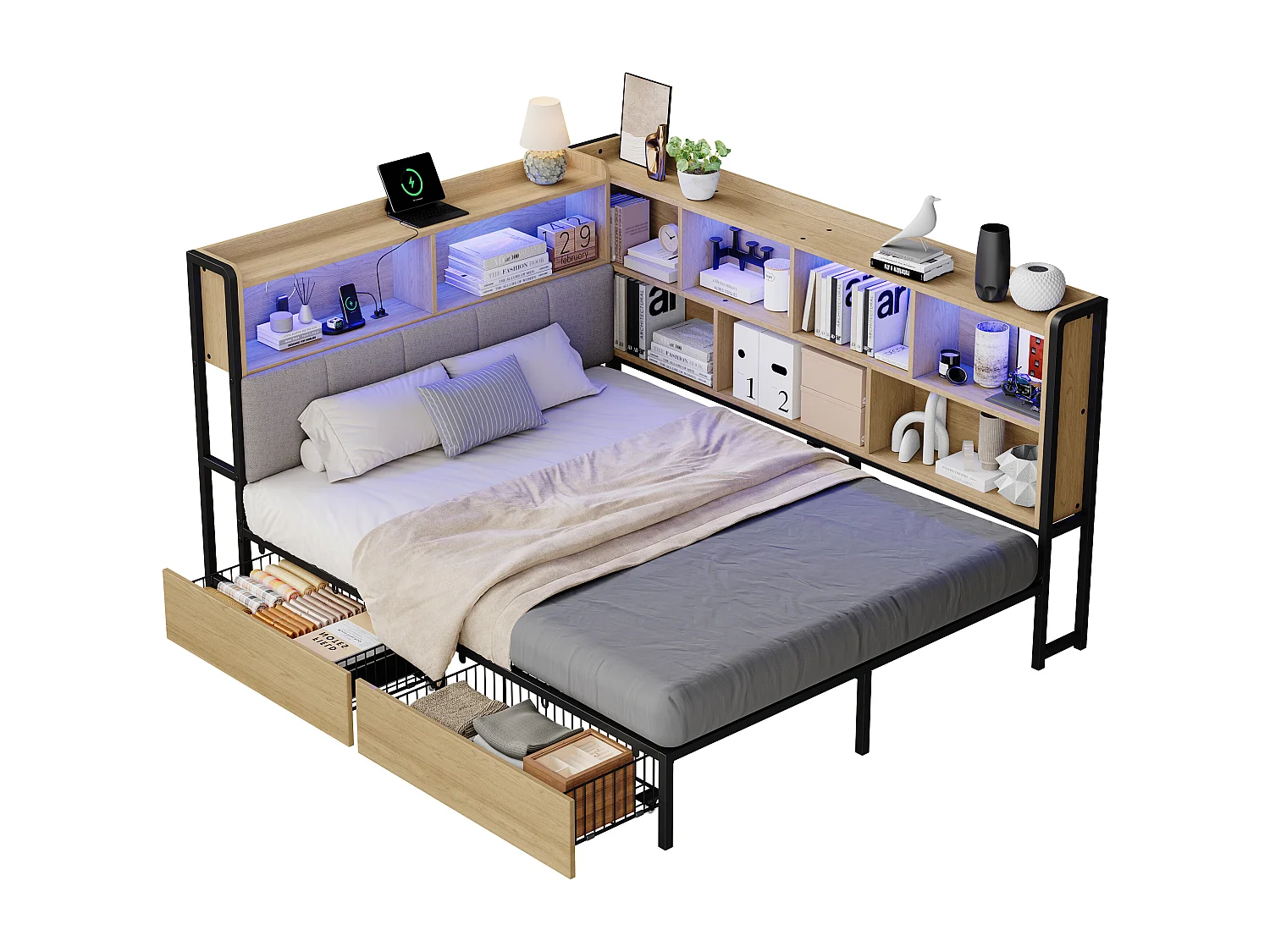 Polsterbett 140x200 cm - Mit LED und USB-Anschluss - 2 Schubladen und Stauraumfächer - MDF - Natur (ohne Matratze)