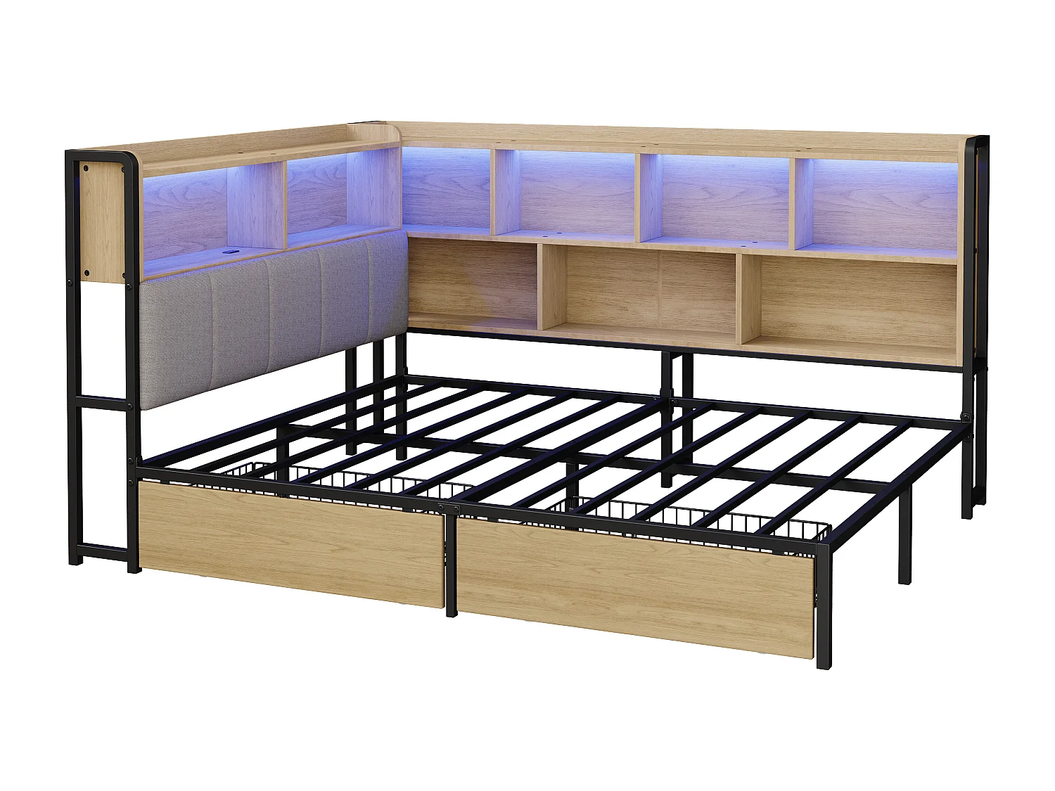 Polsterbett 140x200 cm - Mit LED und USB-Anschluss - 2 Schubladen und Stauraumfächer - MDF - Natur (ohne Matratze)