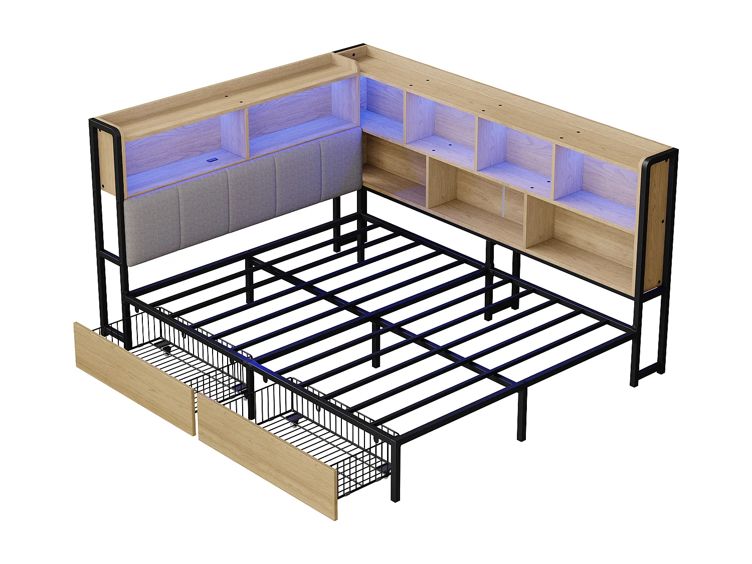 Polsterbett 140x200 cm - Mit LED und USB-Anschluss - 2 Schubladen und Stauraumfächer - MDF - Natur (ohne Matratze)