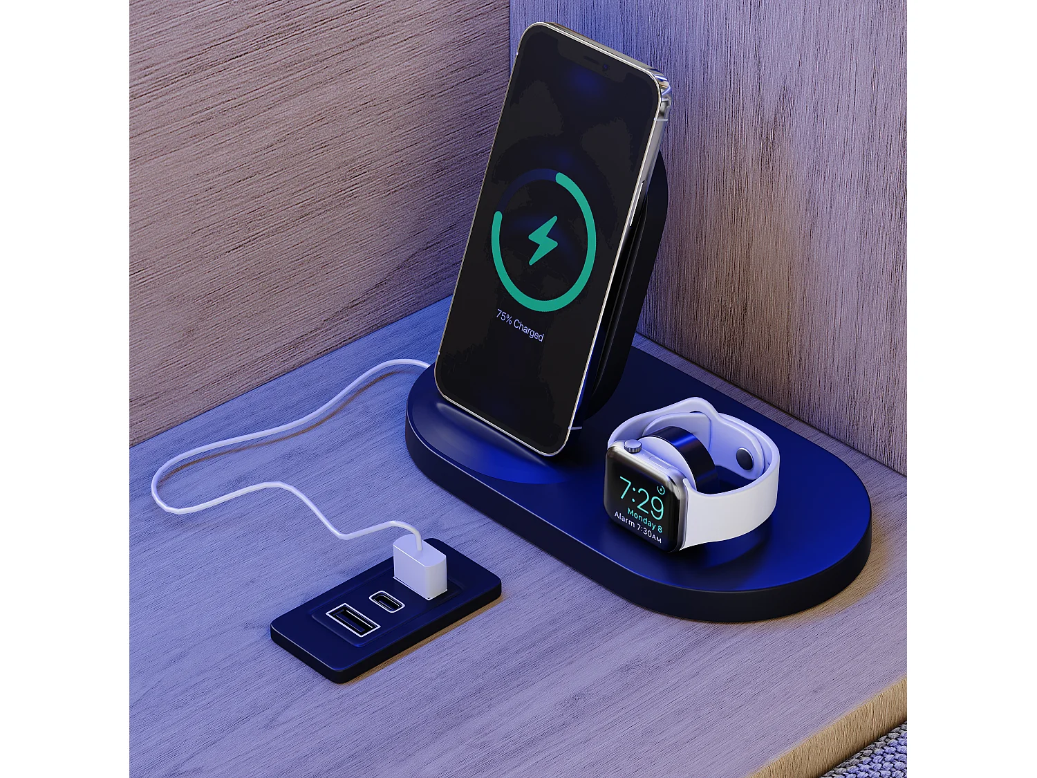 Polsterbett 140x200 cm - Mit LED und USB-Anschluss - 2 Schubladen und Stauraumfächer - MDF - Natur (ohne Matratze)