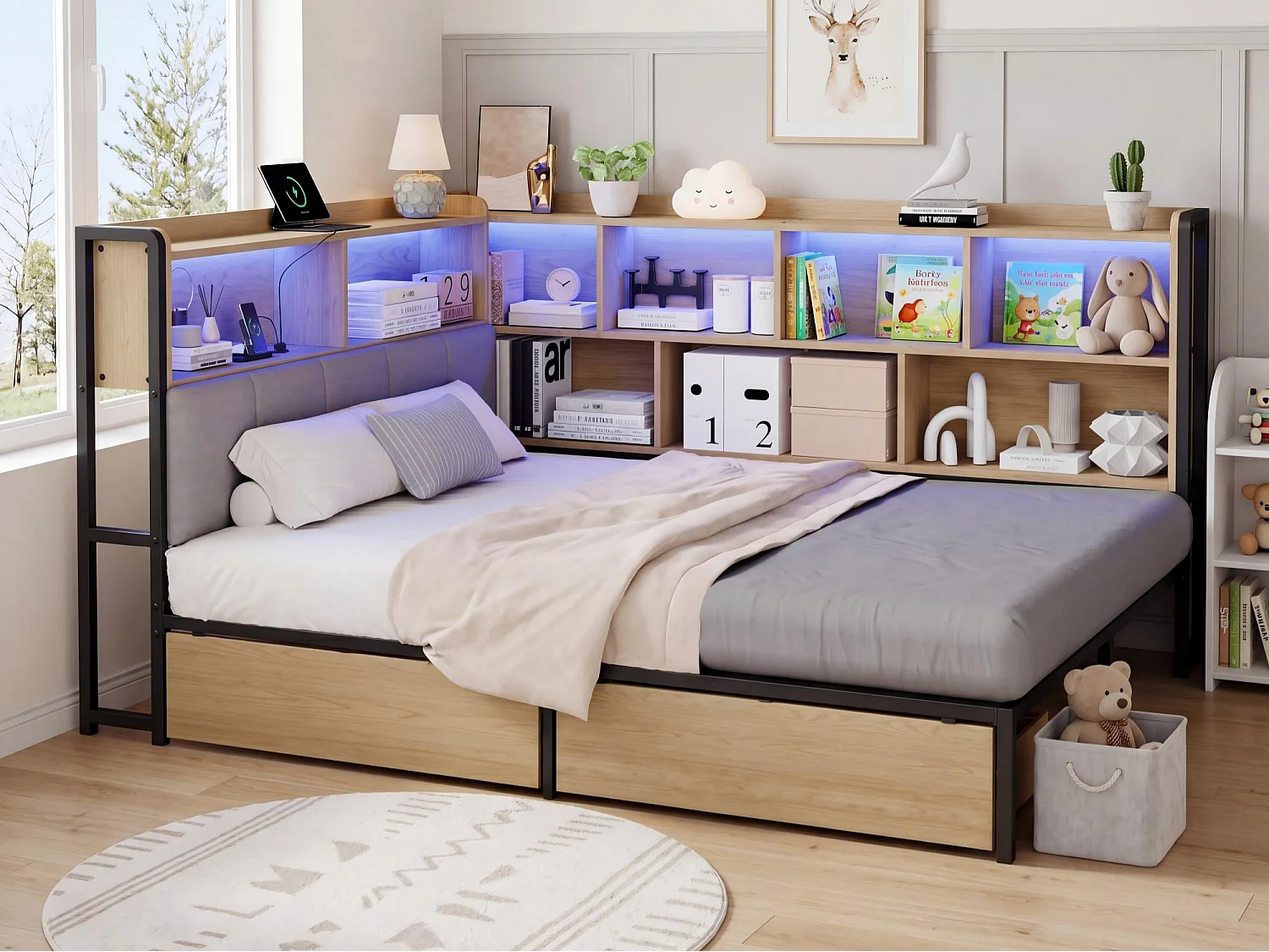Polsterbett 140x200 cm - Mit LED und USB-Anschluss - 2 Schubladen und Stauraumfächer - MDF - Natur (ohne Matratze)
