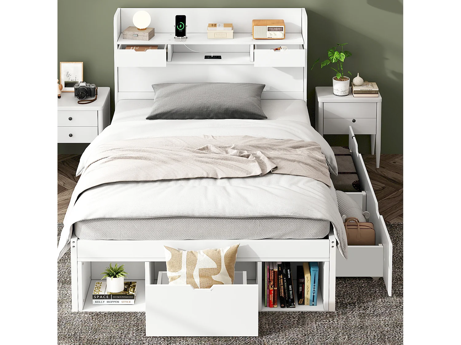 Adult bed 90x190 cm - with charging port and multifunctional storage - White (mattress not included)