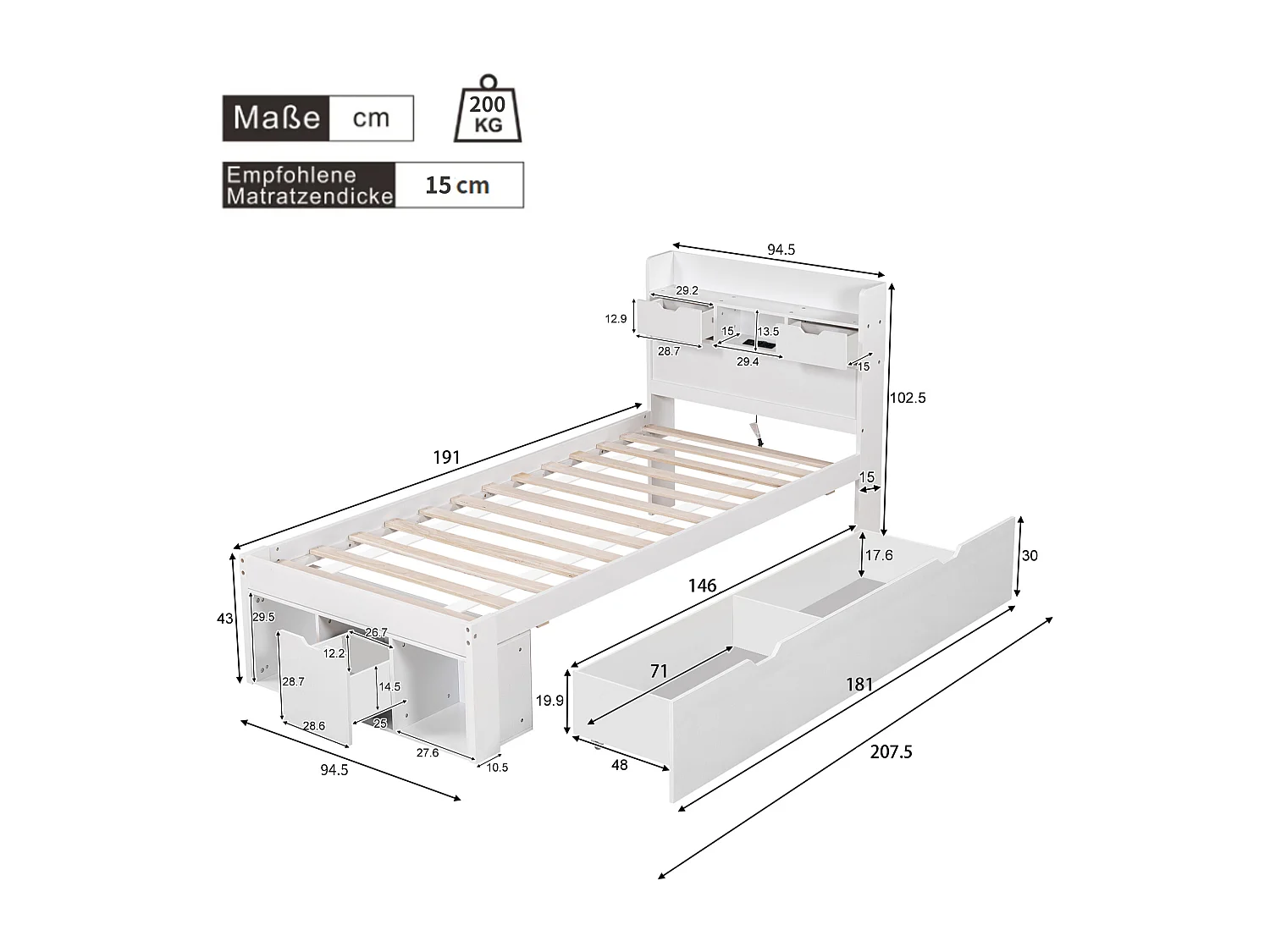 Adult bed 90x190 cm - with charging port and multifunctional storage - White (mattress not included)