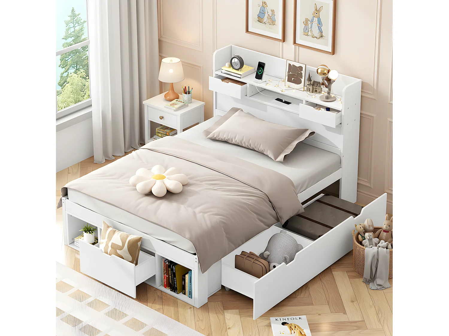 Adult bed 90x190 cm - with charging port and multifunctional storage - White (mattress not included)
