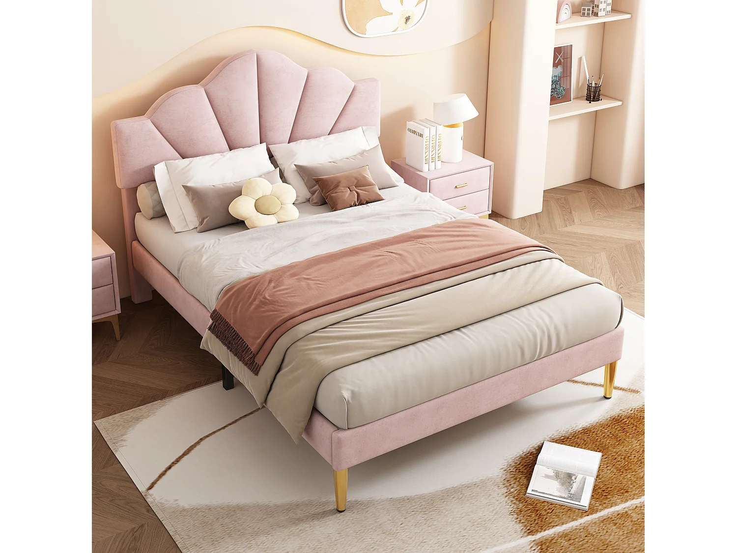 140x190cm Velvet Bed - Shell-Shaped Headboard - Beige