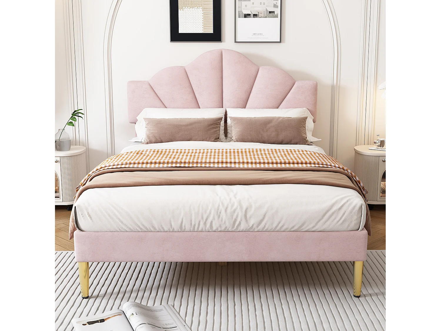 140x190cm Velvet Bed - Shell-Shaped Headboard - Beige