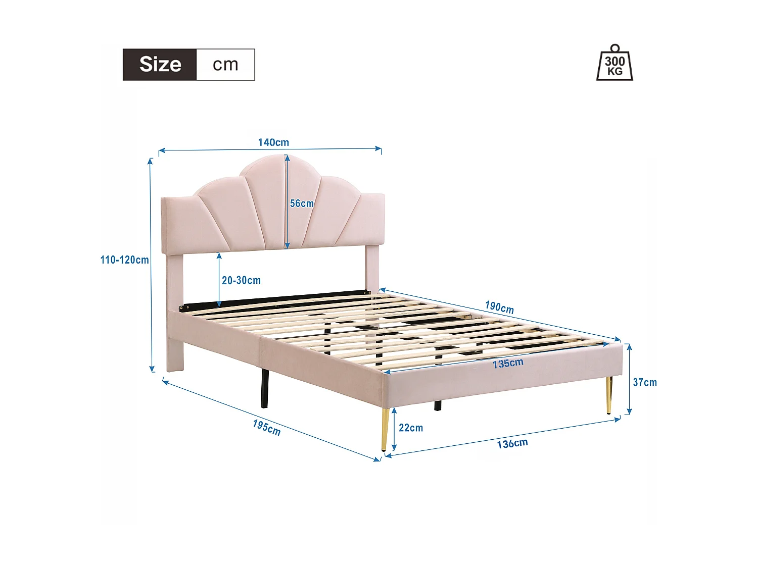 140x190cm Velvet Bed - Shell-Shaped Headboard - Beige