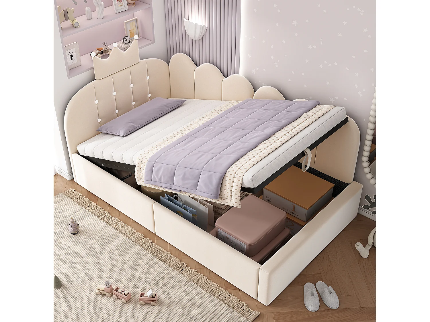 Sofa bed with storage 90x190 cm - with storage - velvet - features a crown-shaped decoration - Beige (mattress not included)