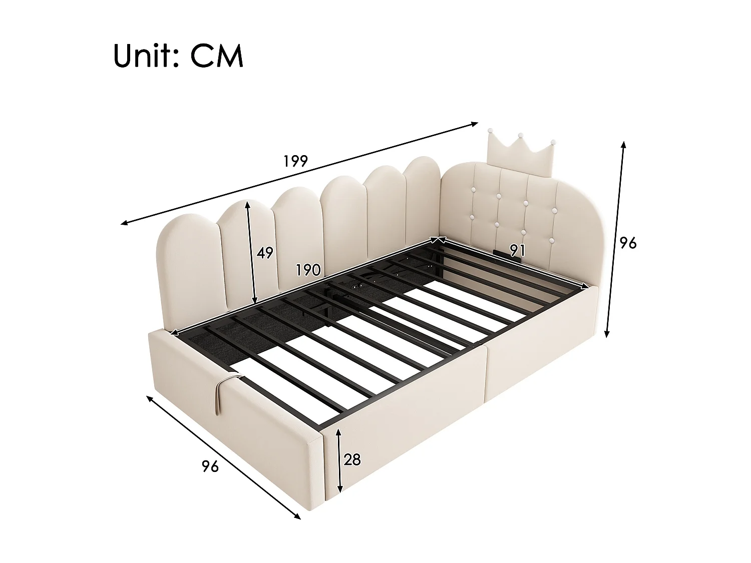 Sofa bed with storage 90x190 cm - with storage - velvet - features a crown-shaped decoration - Beige (mattress not included)