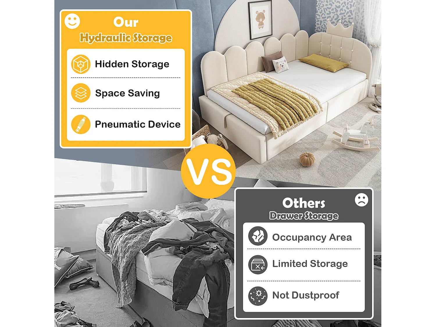 Sofa bed with storage 90x190 cm - with storage - velvet - features a crown-shaped decoration - Beige (mattress not included)