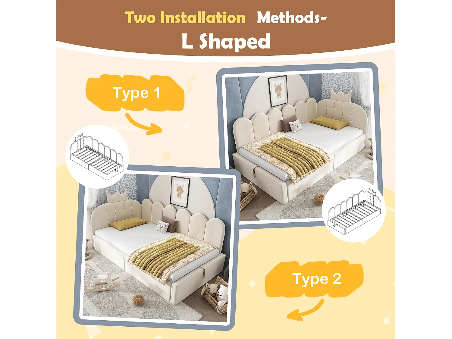 Sofa bed with storage 90x190 cm - with storage - velvet - features a crown-shaped decoration - Beige (mattress not included)