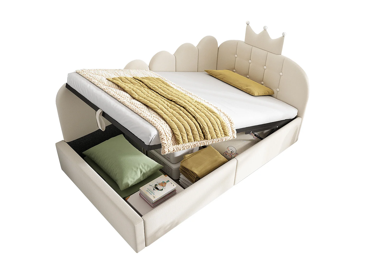 Sofa bed with storage 90x190 cm - with storage - velvet - features a crown-shaped decoration - Beige (mattress not included)
