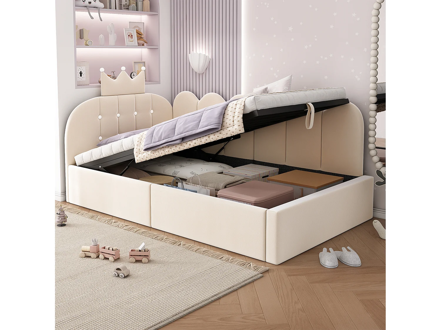 Sofa bed with storage 90x190 cm - with storage - velvet - features a crown-shaped decoration - Beige (mattress not included)