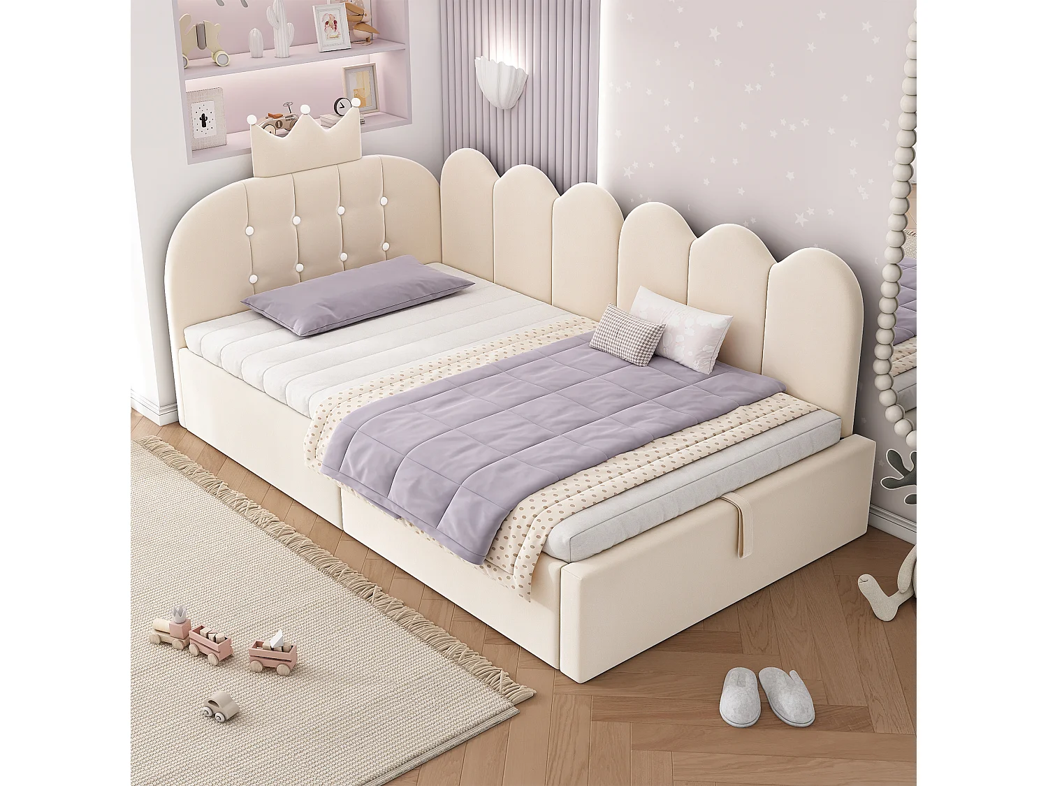 Sofa bed with storage 90x190 cm - with storage - velvet - features a crown-shaped decoration - Beige (mattress not included)