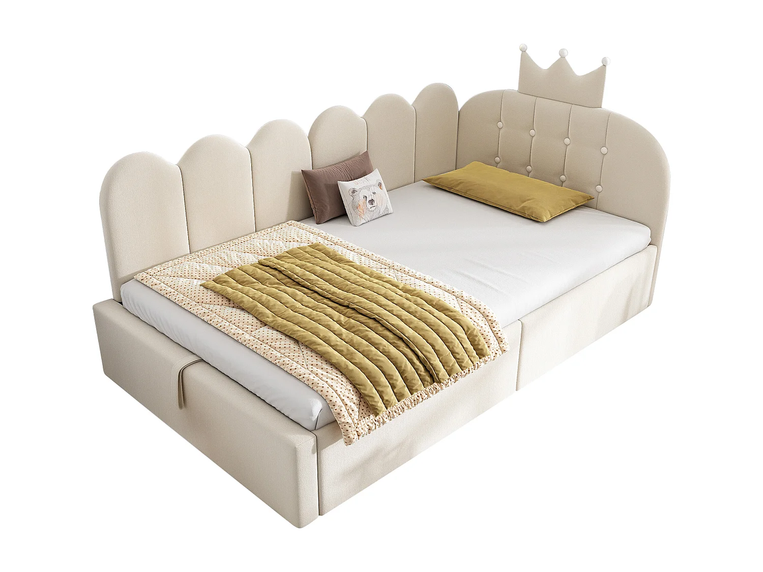 Sofa bed with storage 90x190 cm - with storage - velvet - features a crown-shaped decoration - Beige (mattress not included)