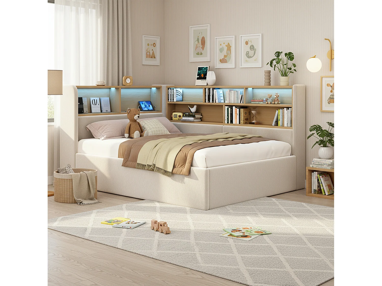 Upholstered storage sofa bed 90x200 cm - with LED lighting and USB port - with storage compartments - Velvet fabric - Beige (Mattress not included)