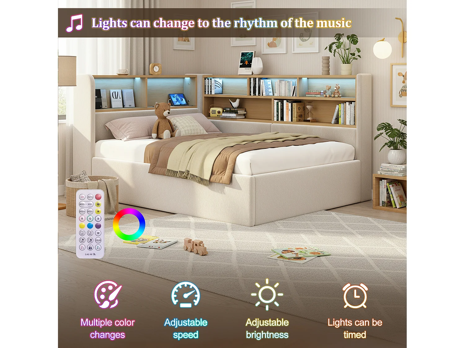 Upholstered storage sofa bed 90x200 cm - with LED lighting and USB port - with storage compartments - Velvet fabric - Beige (Mattress not included)