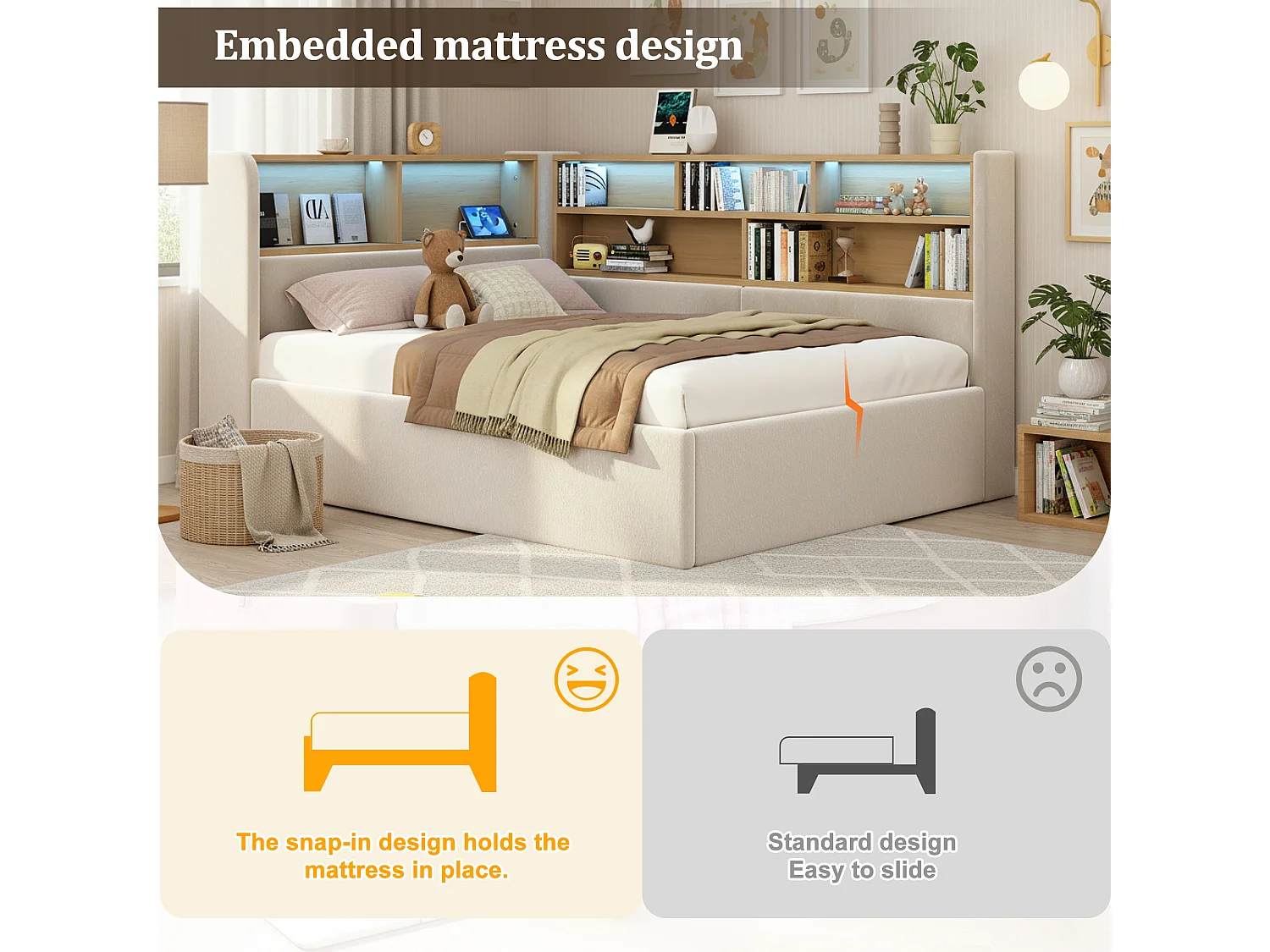 Upholstered storage sofa bed 90x200 cm - with LED lighting and USB port - with storage compartments - Velvet fabric - Beige (Mattress not included)