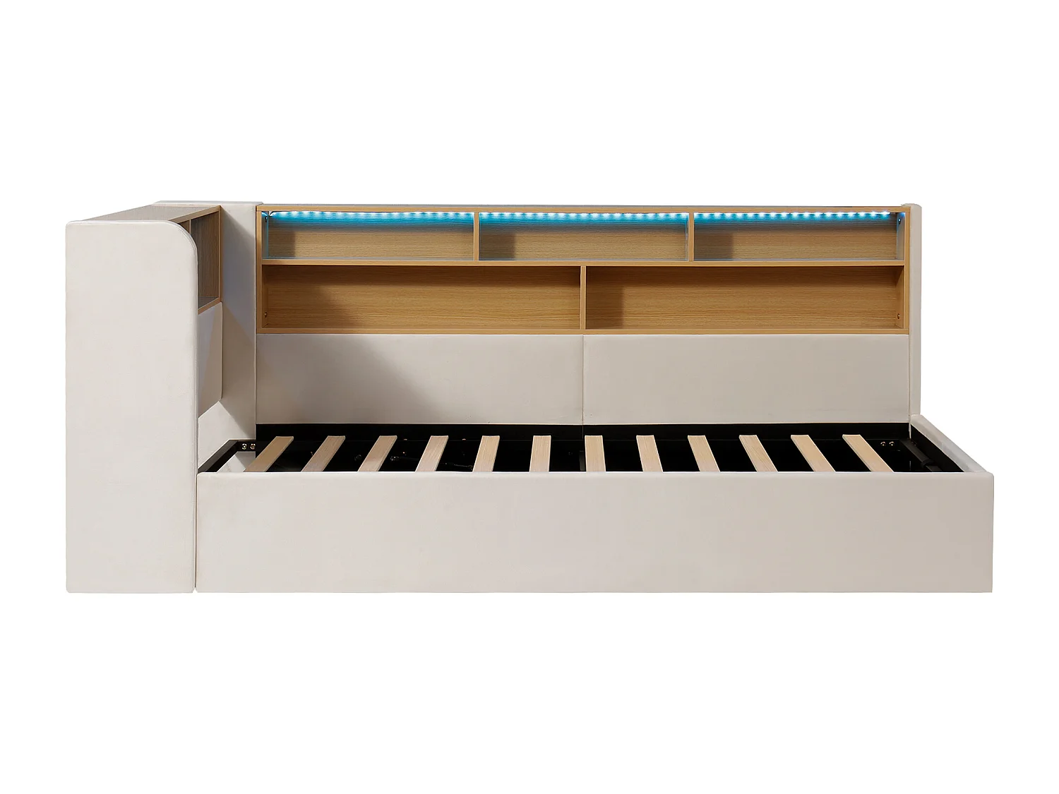 Upholstered storage sofa bed 90x200 cm - with LED lighting and USB port - with storage compartments - Velvet fabric - Beige (Mattress not included)