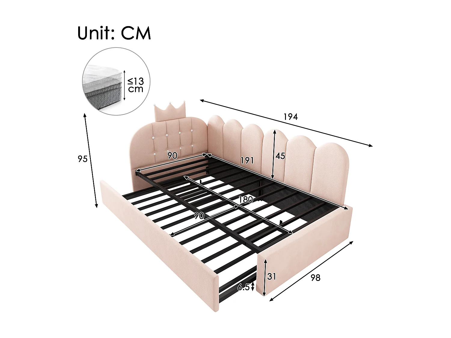 Sofa bed 90x190 cm - with pull-out bed 90x190 cm - features a crown-shaped decoration - Velvet - Pink (mattress not included)