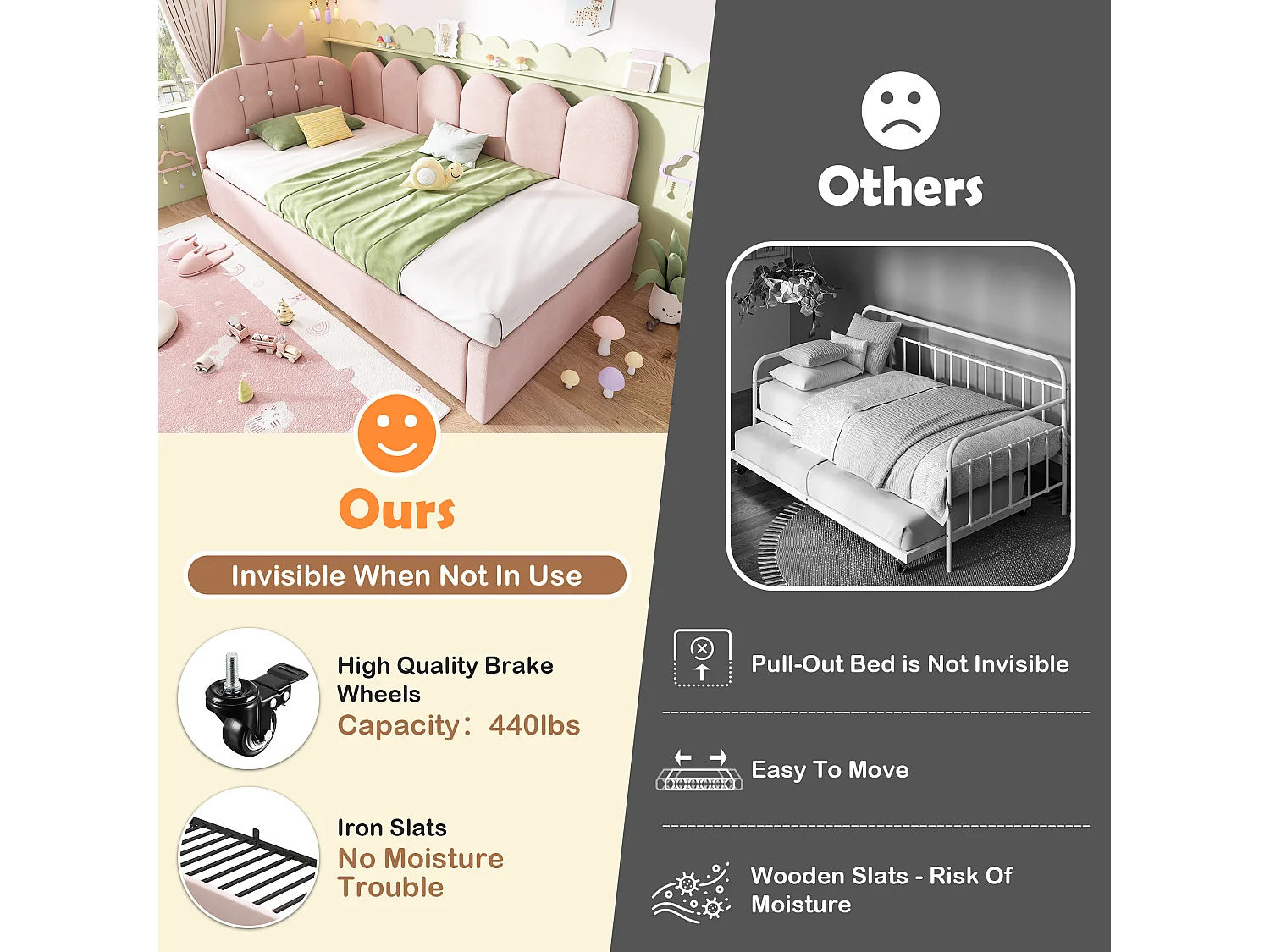 Sofa bed 90x190 cm - with pull-out bed 90x190 cm - features a crown-shaped decoration - Velvet - Pink (mattress not included)