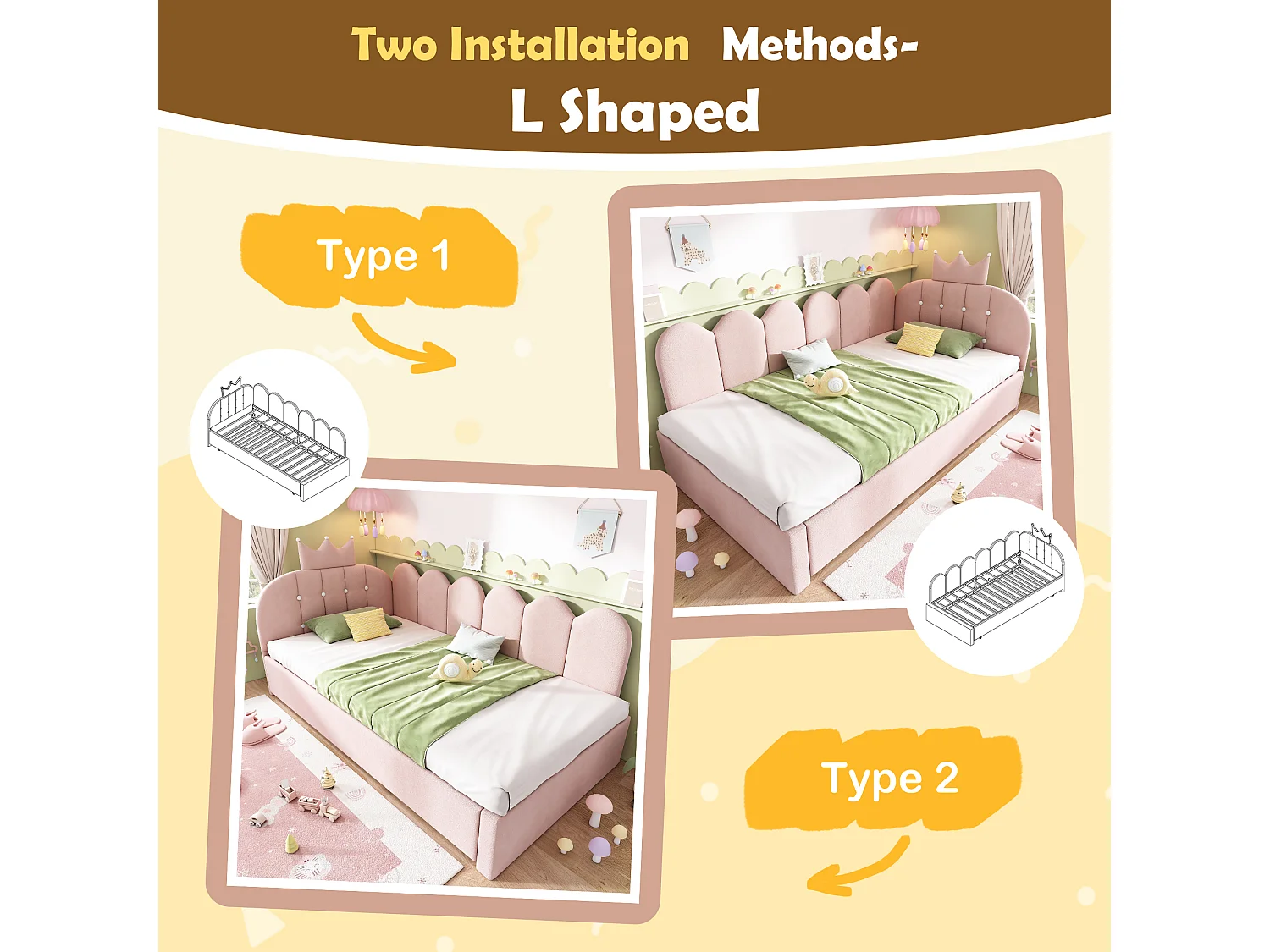 Sofa bed 90x190 cm - with pull-out bed 90x190 cm - features a crown-shaped decoration - Velvet - Pink (mattress not included)