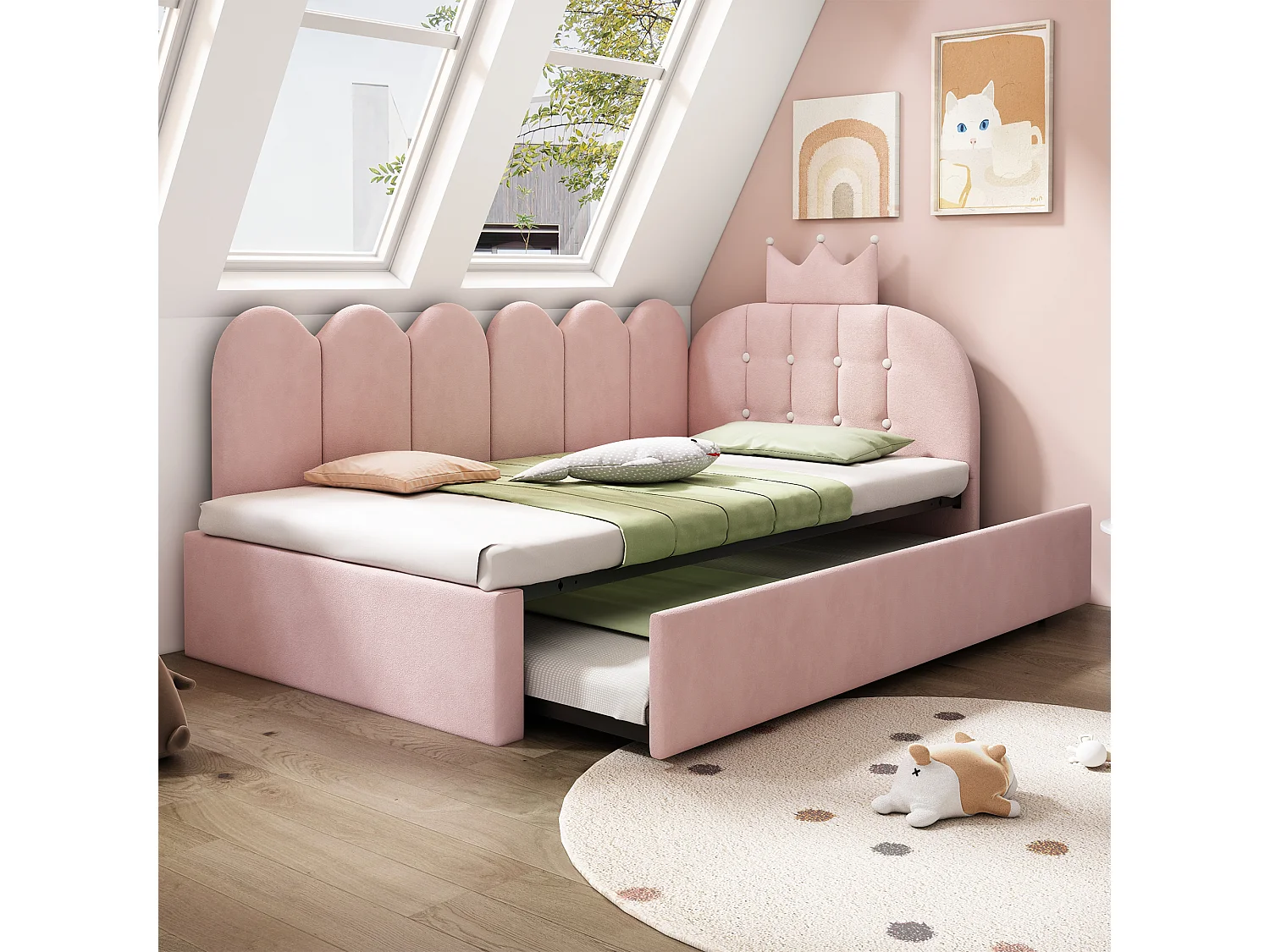 Sofa bed 90x190 cm - with pull-out bed 90x190 cm - features a crown-shaped decoration - Velvet - Pink (mattress not included)