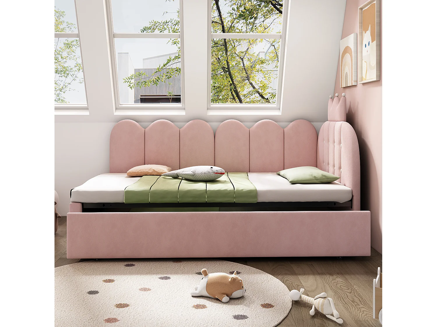 Sofa bed 90x190 cm - with pull-out bed 90x190 cm - features a crown-shaped decoration - Velvet - Pink (mattress not included)