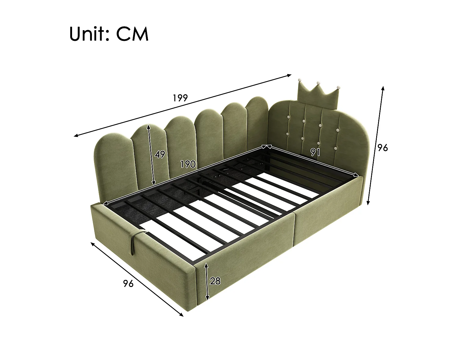 Sofa bed with storage 90x190 cm - with storage - velvet - features a crown-shaped decoration - Green (mattress not included)