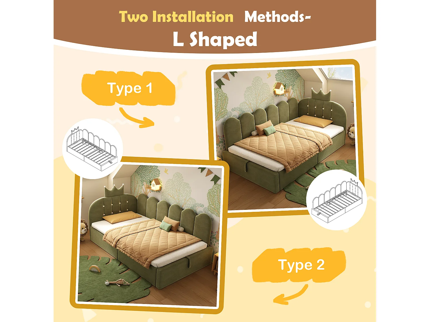 Sofa bed with storage 90x190 cm - with storage - velvet - features a crown-shaped decoration - Green (mattress not included)