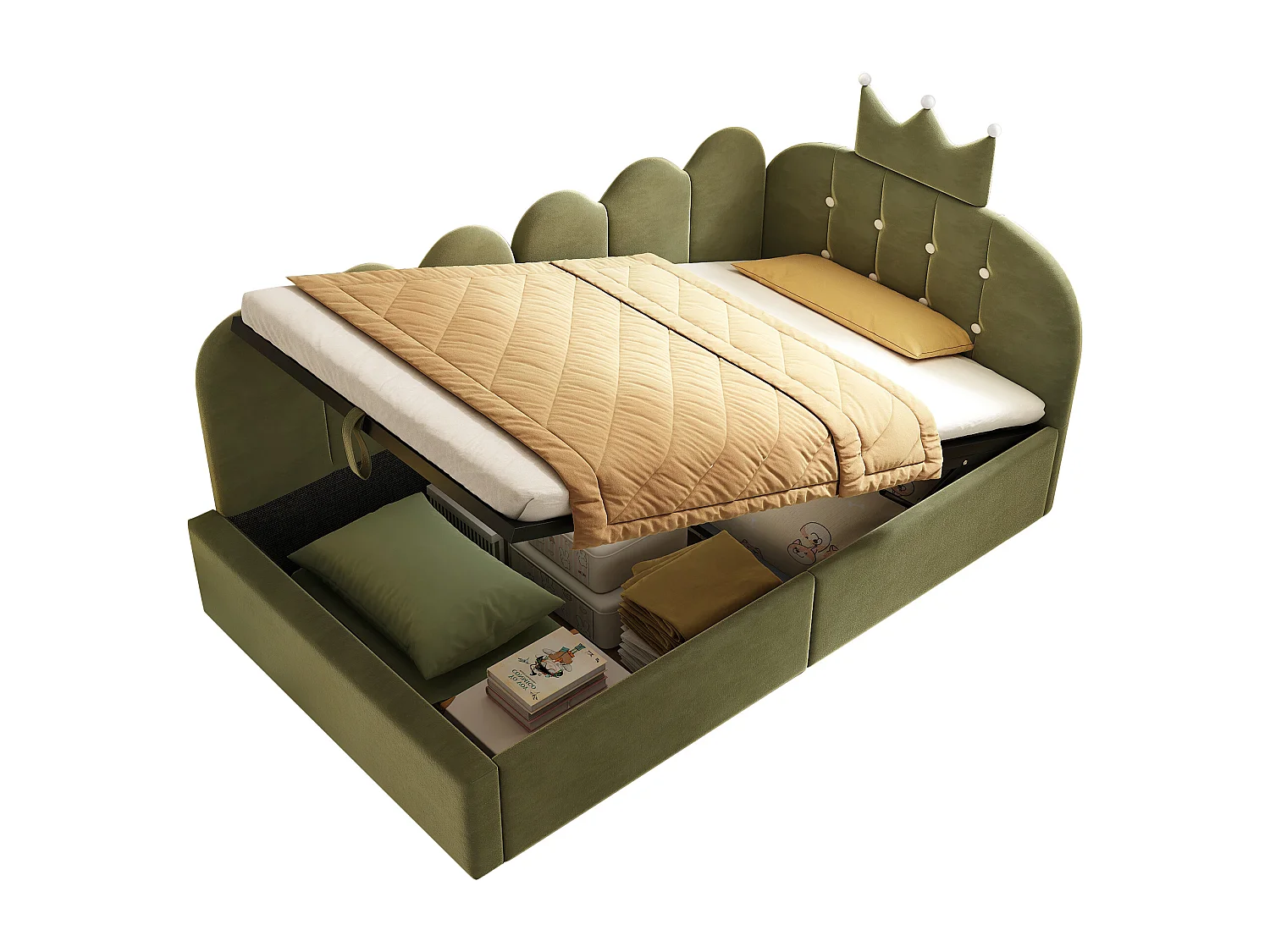 Sofa bed with storage 90x190 cm - with storage - velvet - features a crown-shaped decoration - Green (mattress not included)