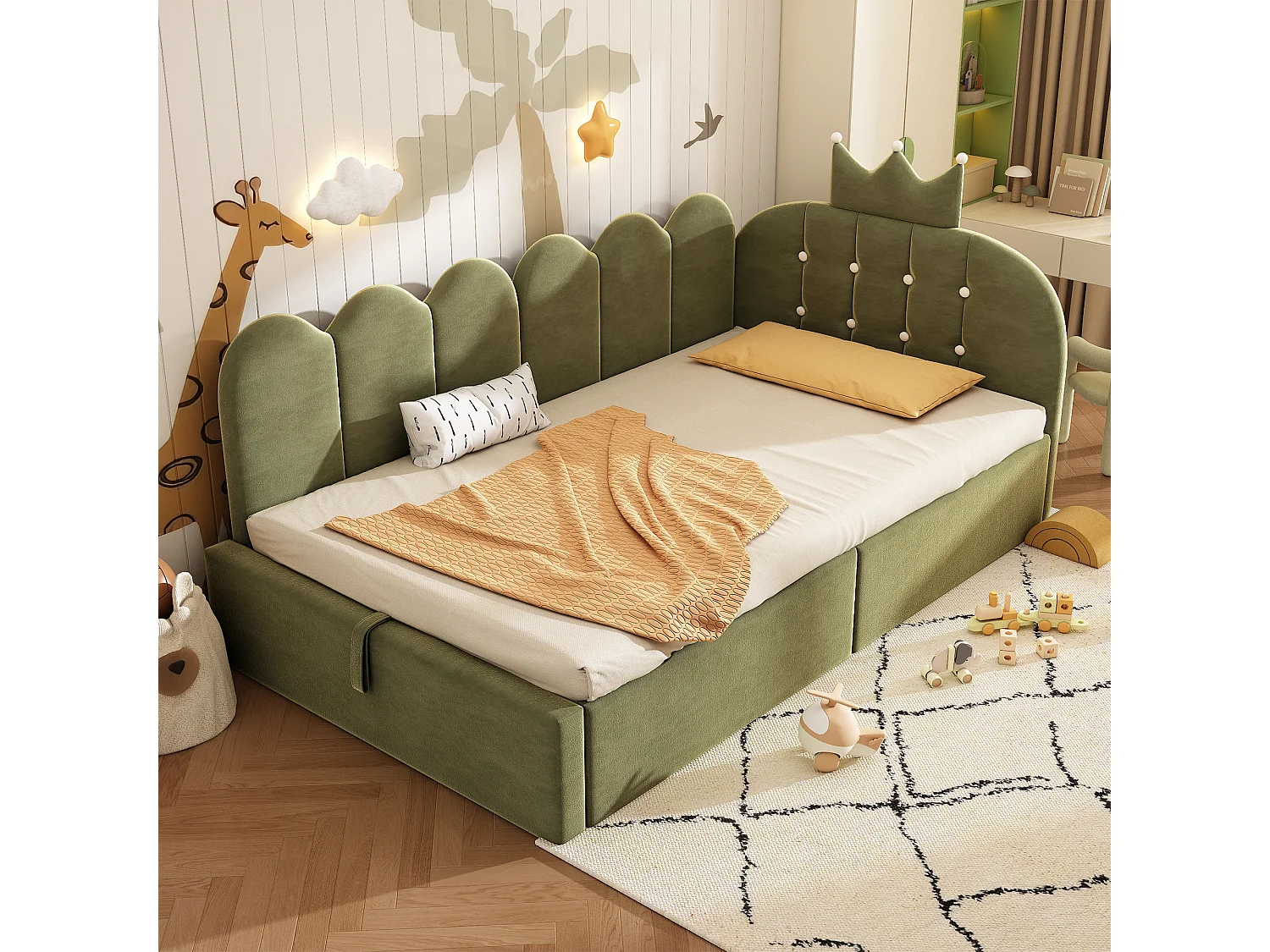 Sofa bed with storage 90x190 cm - with storage - velvet - features a crown-shaped decoration - Green (mattress not included)