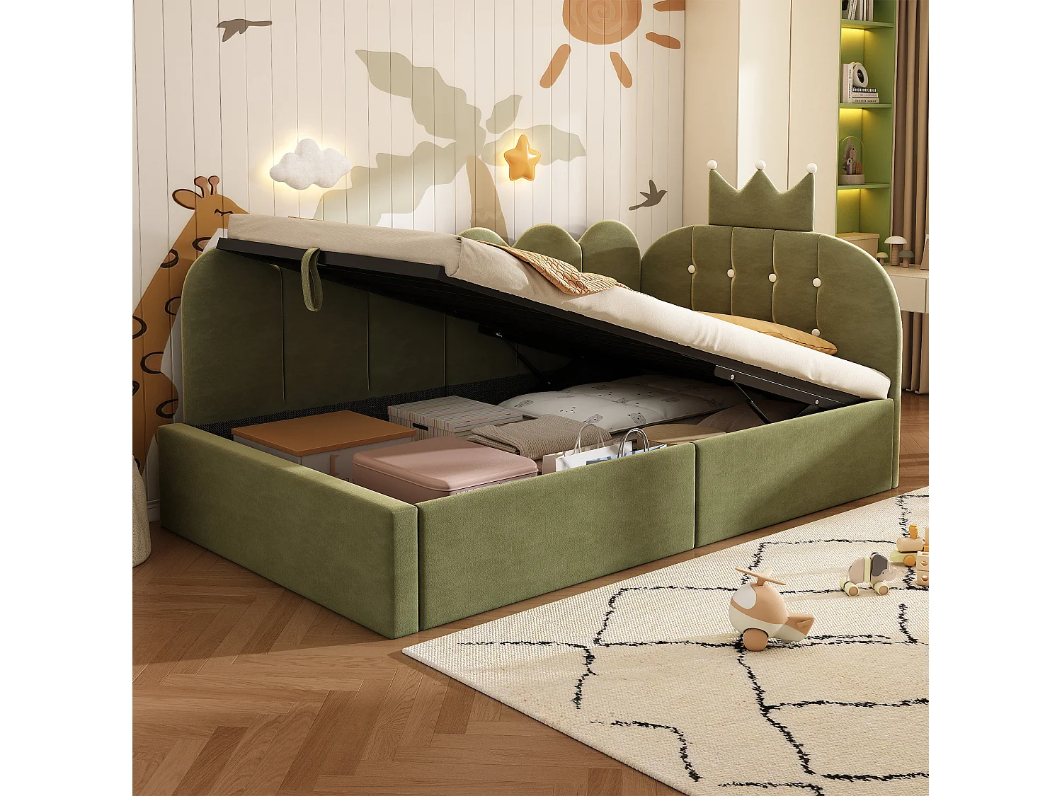 Sofa bed with storage 90x190 cm - with storage - velvet - features a crown-shaped decoration - Green (mattress not included)