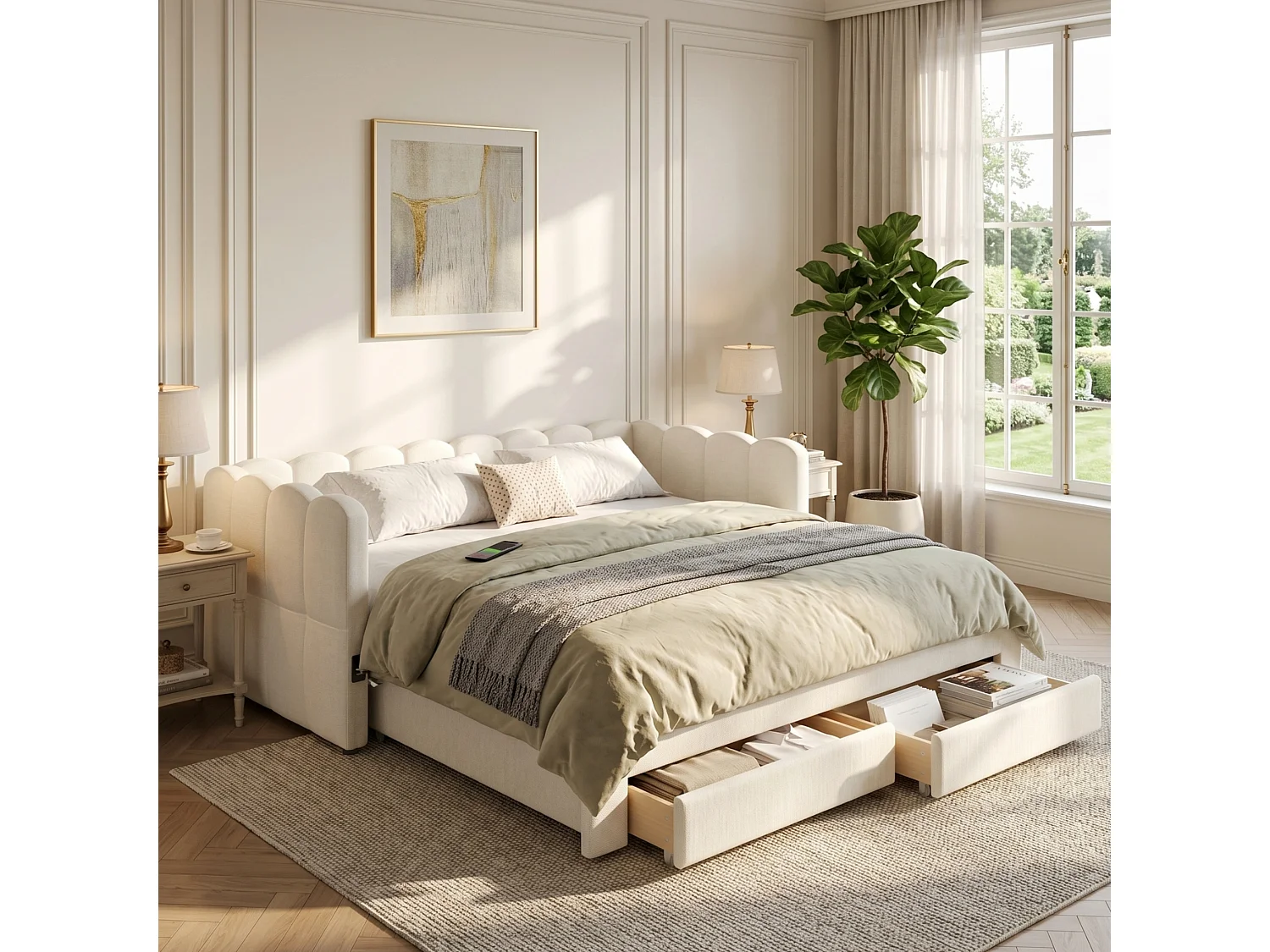 Upholstered sofa bed 90x190cm - with pull-out bed - with 2 drawers and USB port - Linen fabric - Beige (mattress not included)
