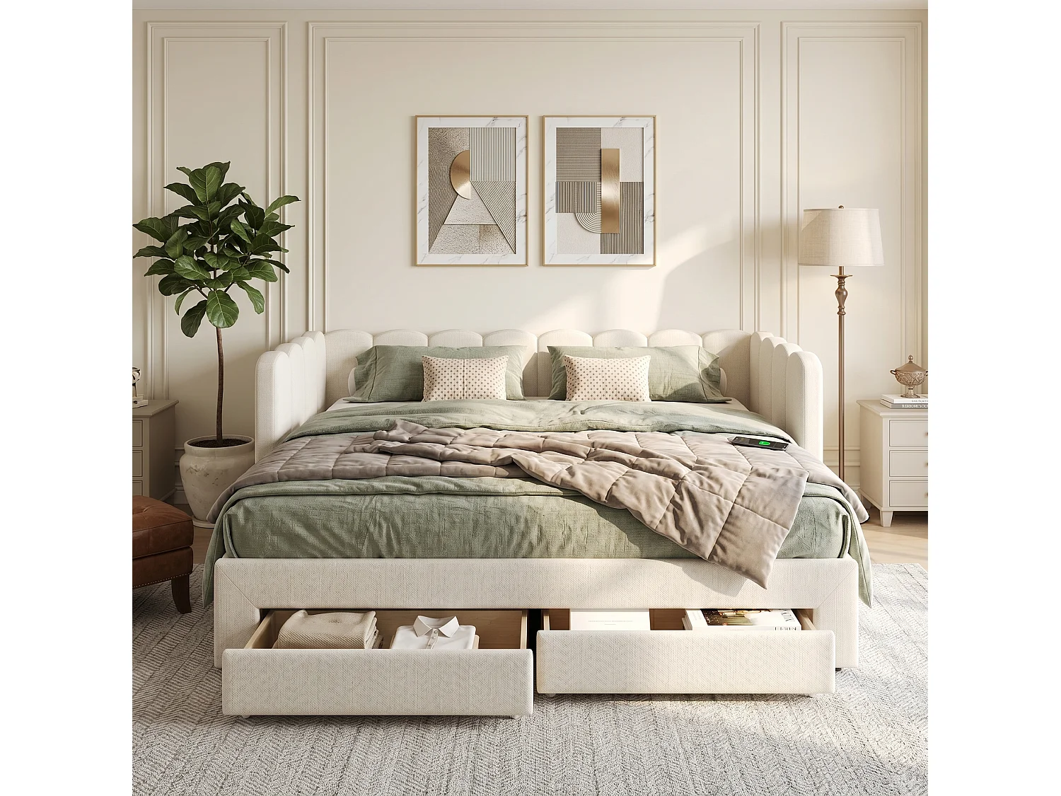 Upholstered sofa bed 90x190cm - with pull-out bed - with 2 drawers and USB port - Linen fabric - Beige (mattress not included)