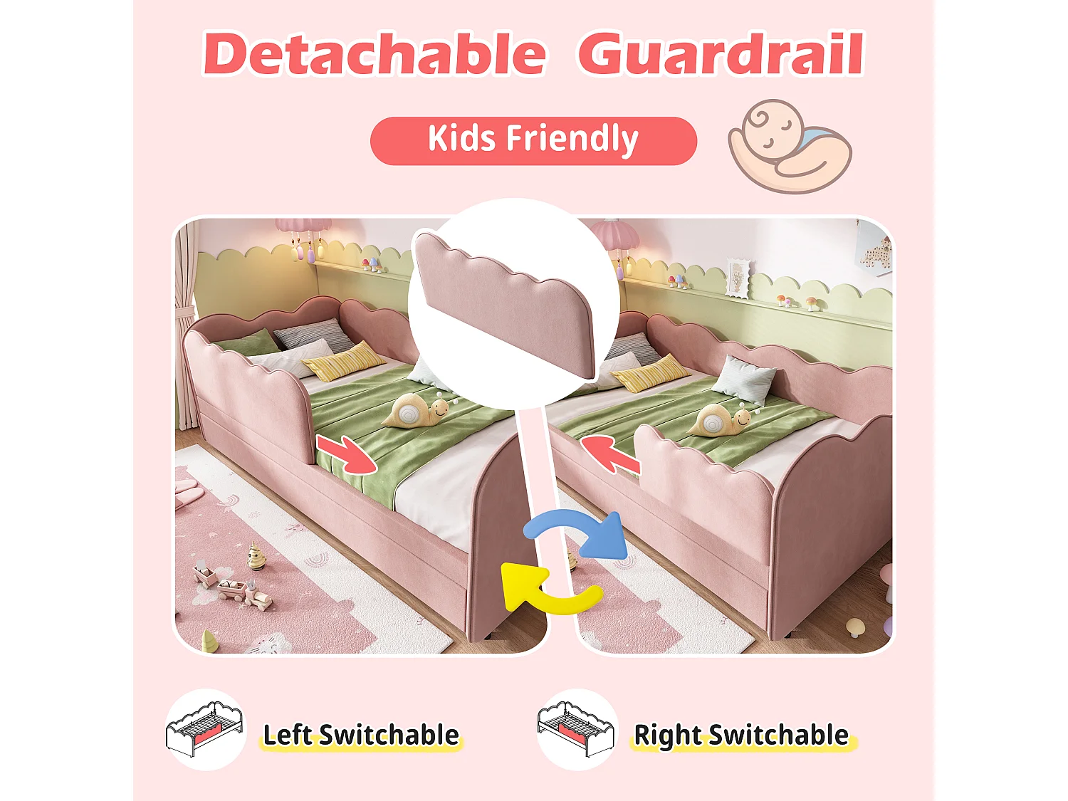 Sofa bed 90x190 cm - with pull-out bed 90x190 cm - wave design - with slatted base - Velvet - Pink (mattress not included)