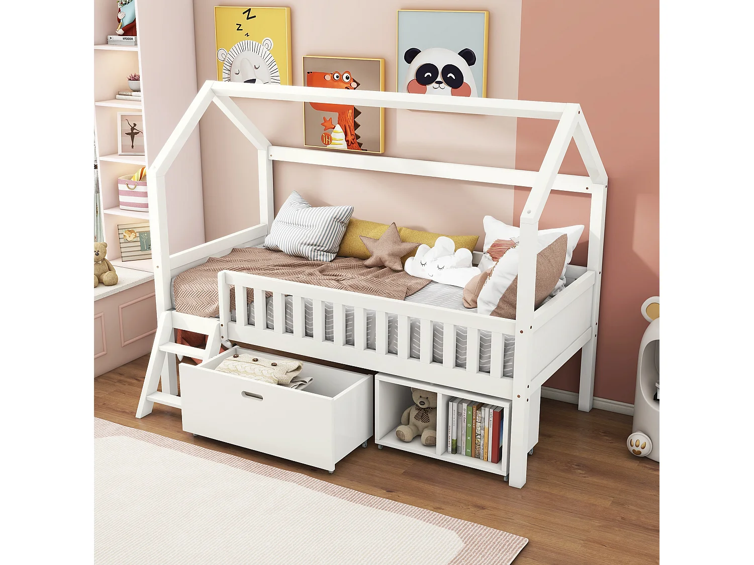 Solid wood cabin bed - 90x200 cm - with storage and ladder - White