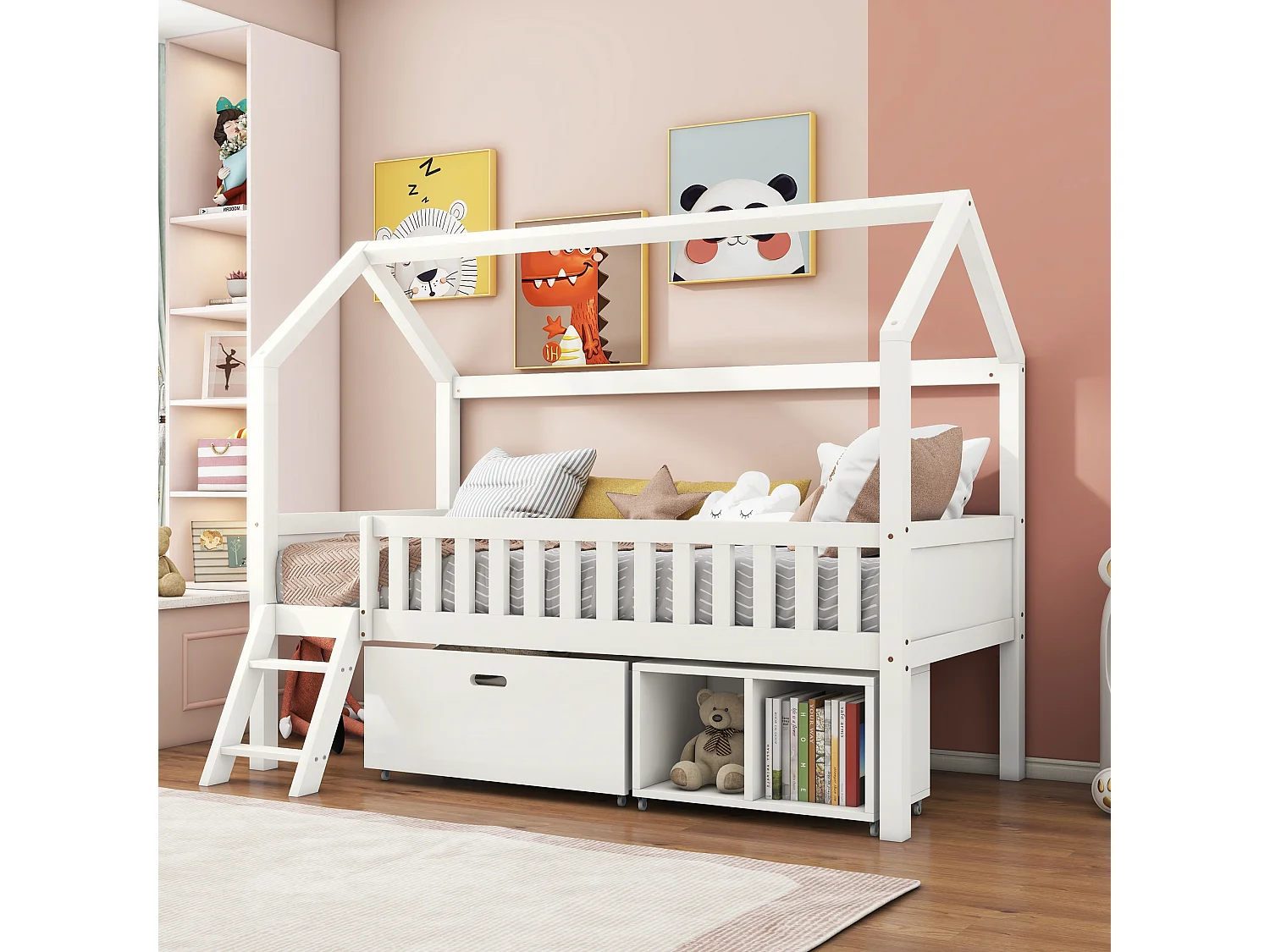 Solid wood cabin bed - 90x200 cm - with storage and ladder - White