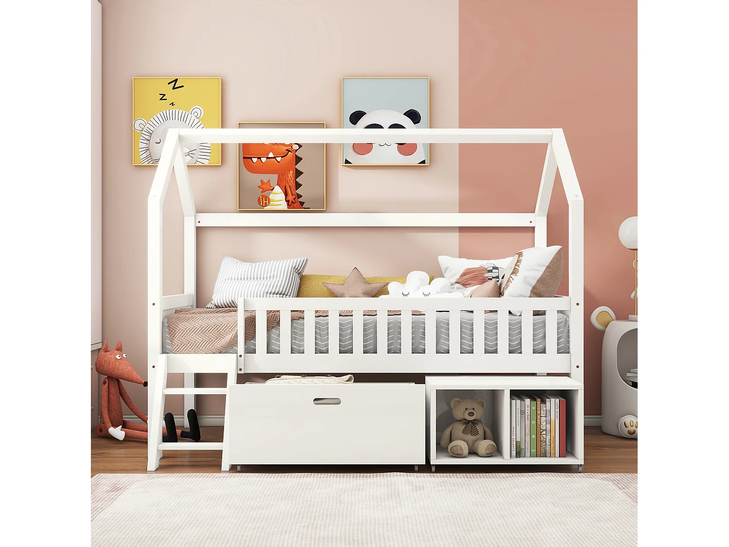 Solid wood cabin bed - 90x200 cm - with storage and ladder - White