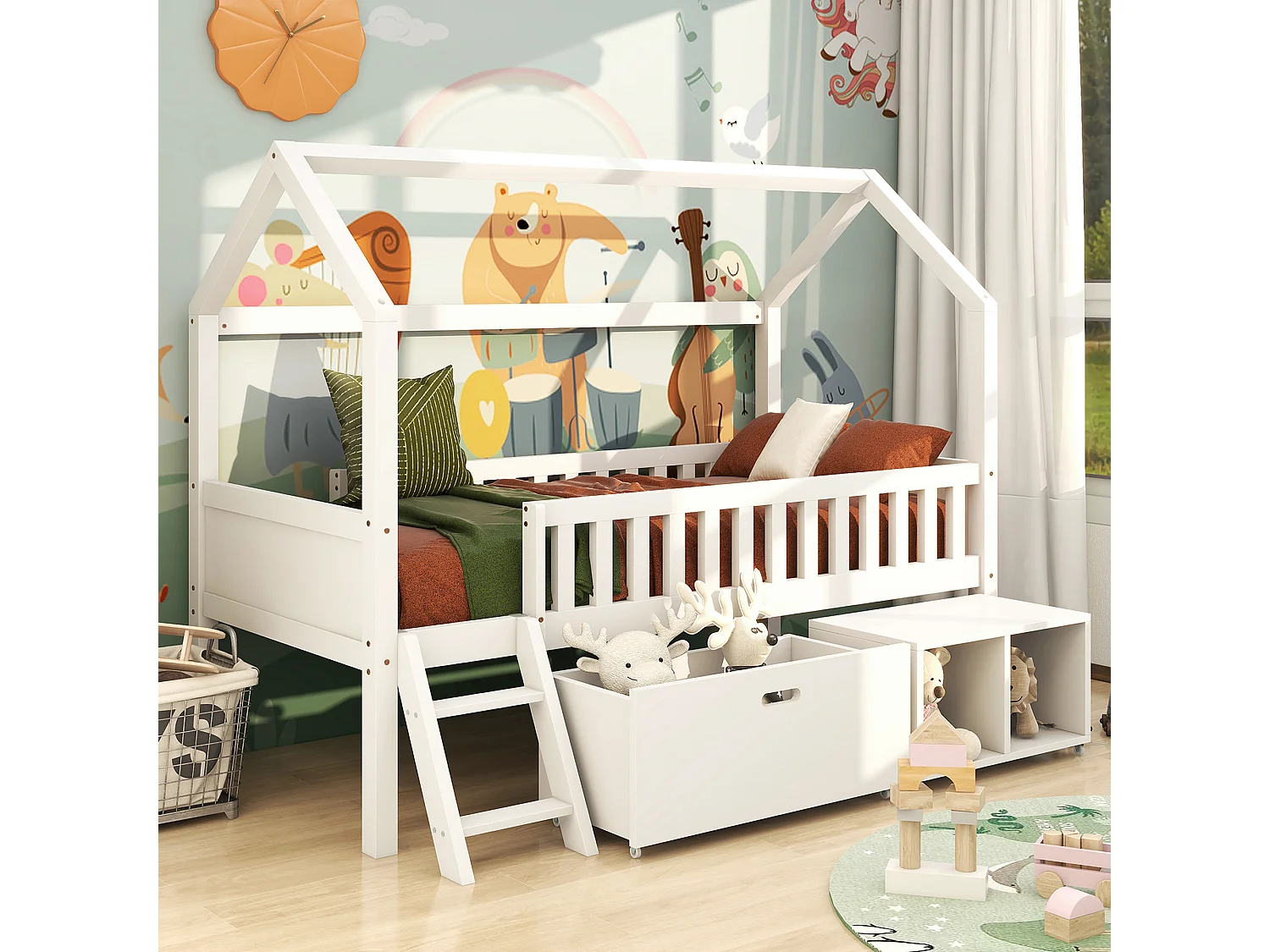 Solid wood cabin bed - 90x200 cm - with storage and ladder - White