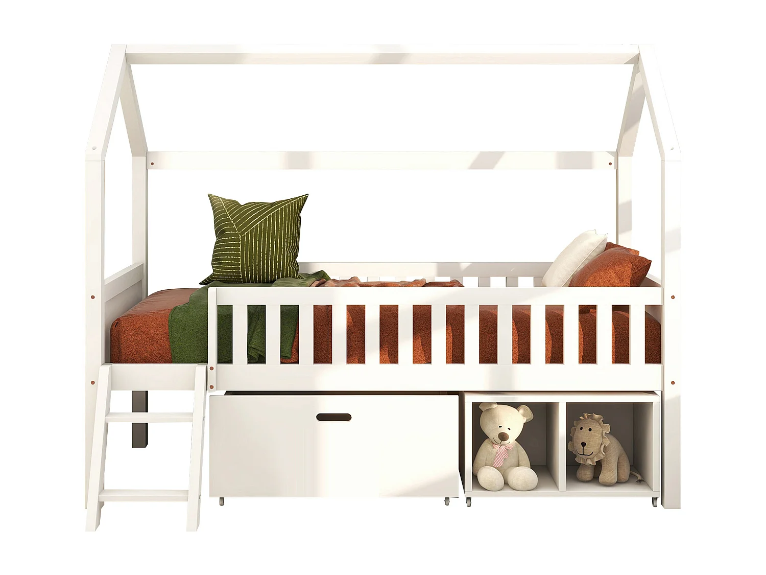 Solid wood cabin bed - 90x200 cm - with storage and ladder - White