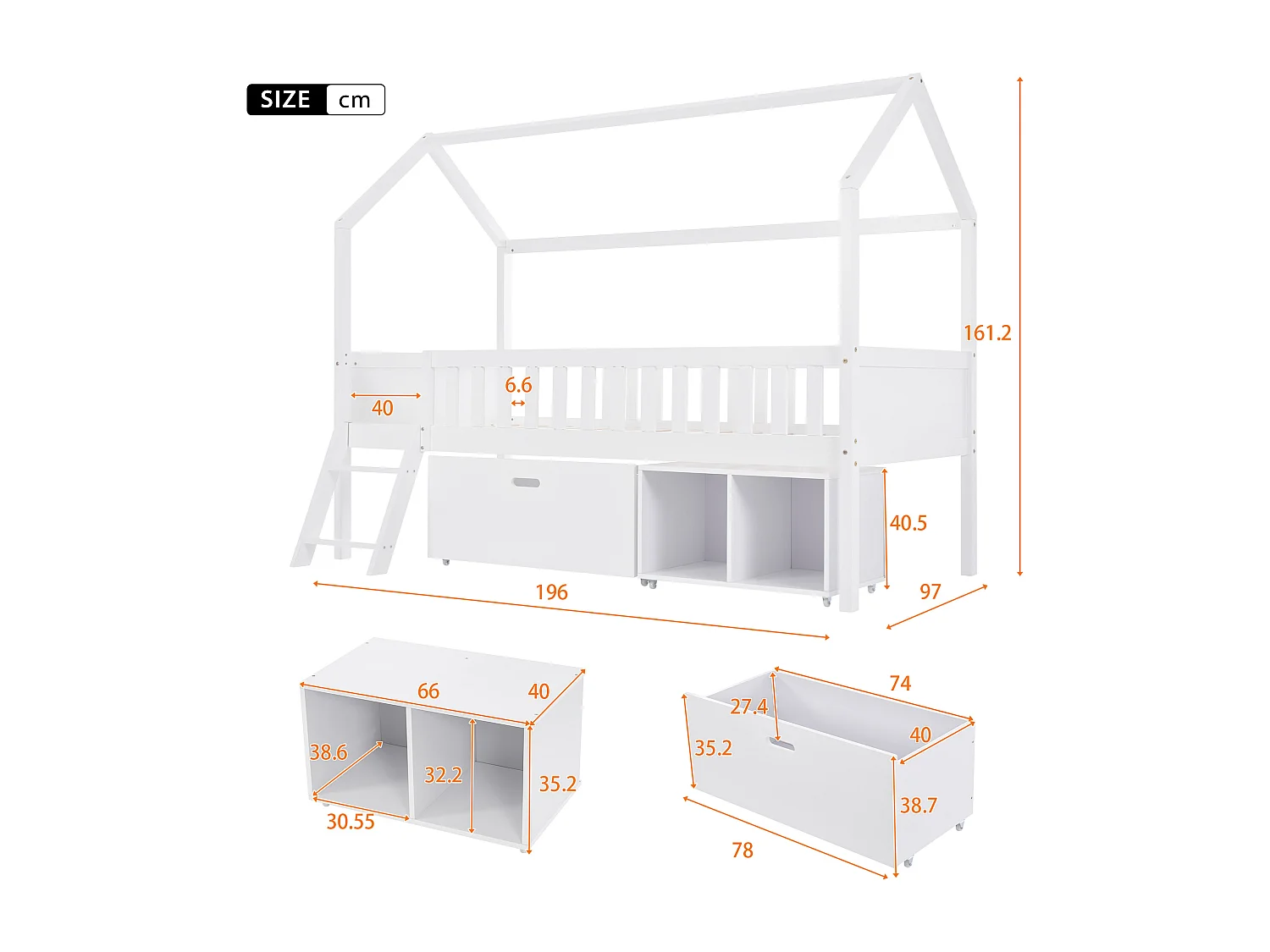 Solid wood cabin bed - 90x200 cm - with storage and ladder - White